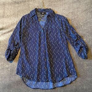 Button down navy blue arrow semi-sheer top